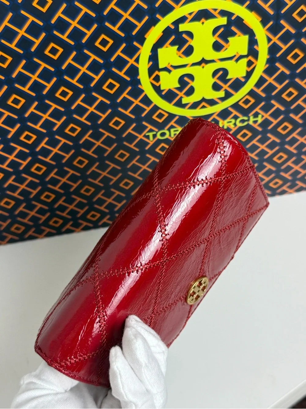 Tory Burch Red Quilted Patent Leather Continental Wallet with Gold Logo